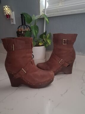 UGG Women's Brown Suede Wedge Booties with Buckle Detail